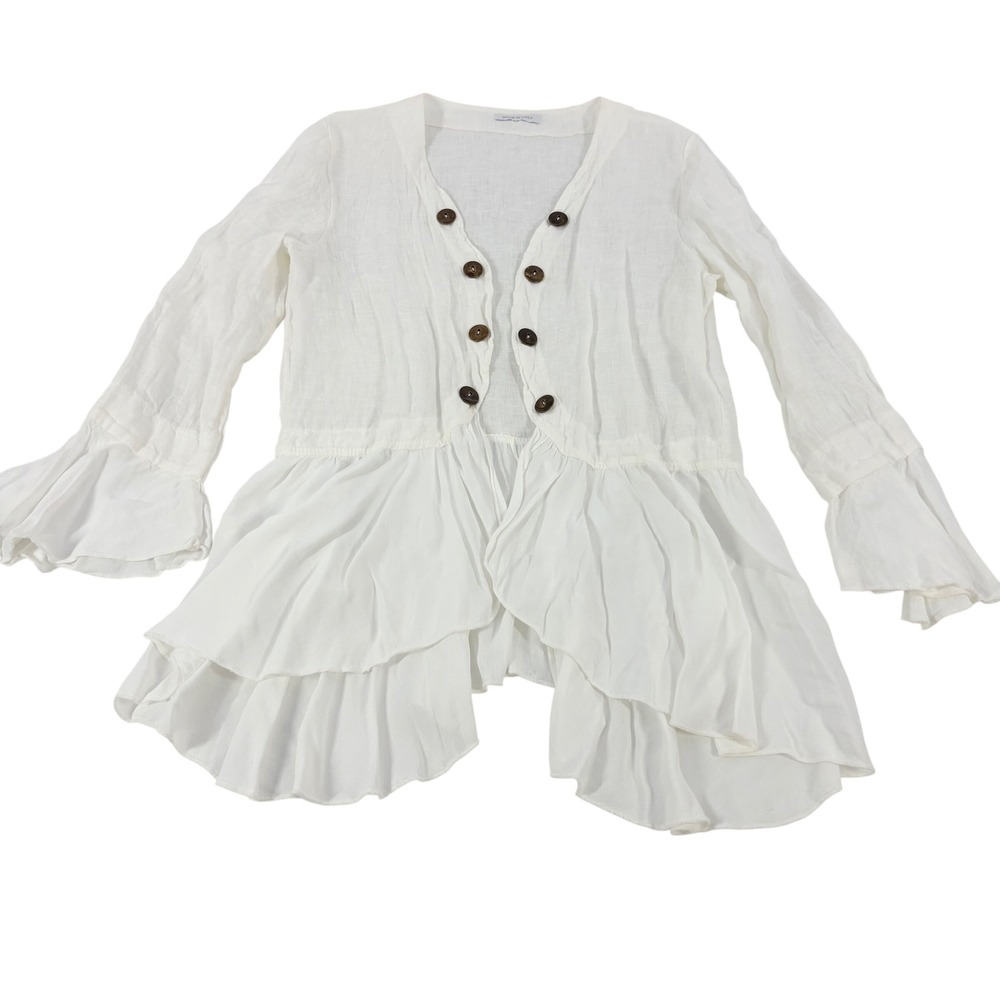 Italian Linen Ruffle Cardigan Women's M/L White Peplum Bell Sleeve Pirate Resort